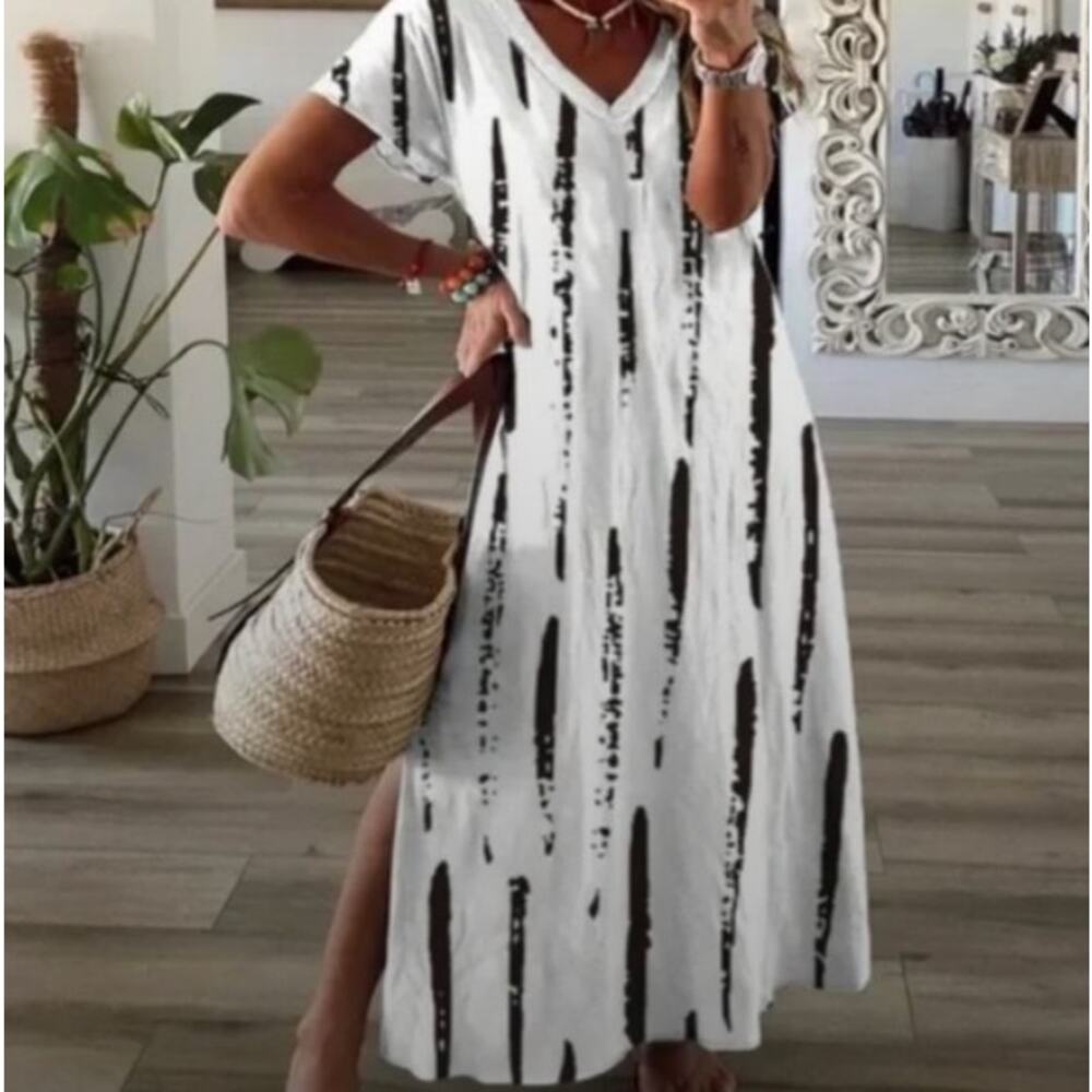 🔥 Noracora NWT Black White Abstract Mini Swing Shirt Slit Dress Womens Size S